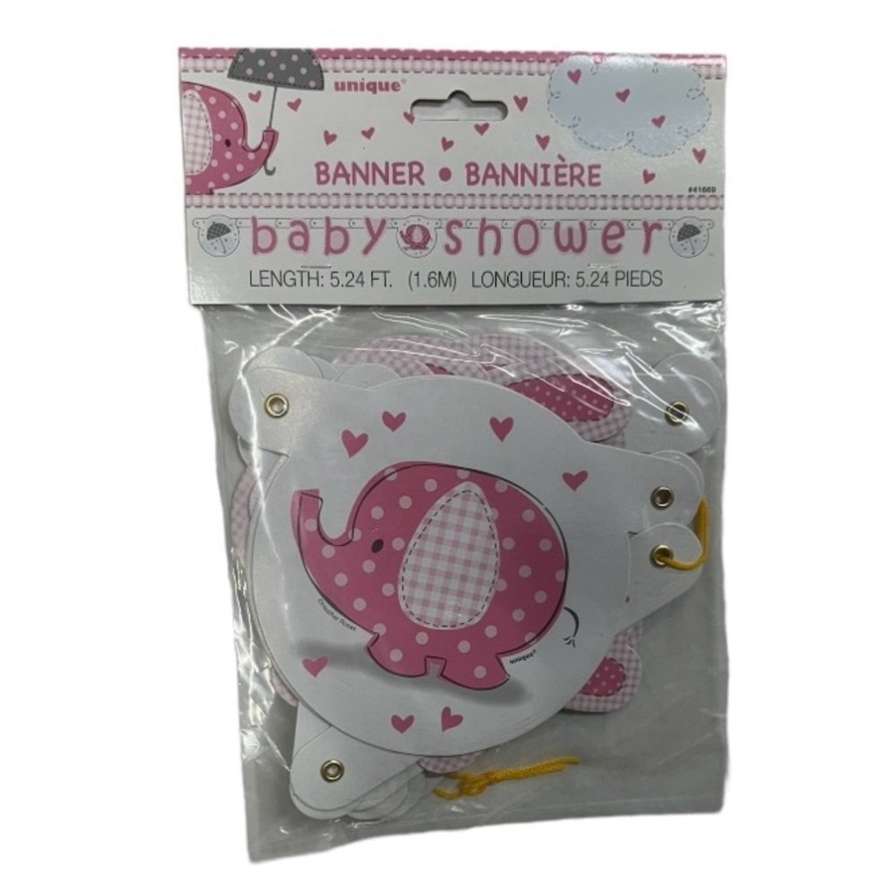 Baby shower banner pink colored with elephant brand new in package never used!